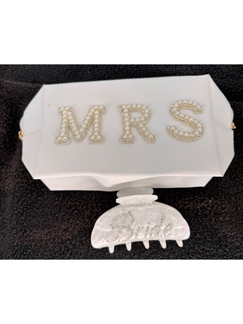 White Bride "Mrs" Clutch With Pearl & Rhinestone Lettering - Picture 9 of 11